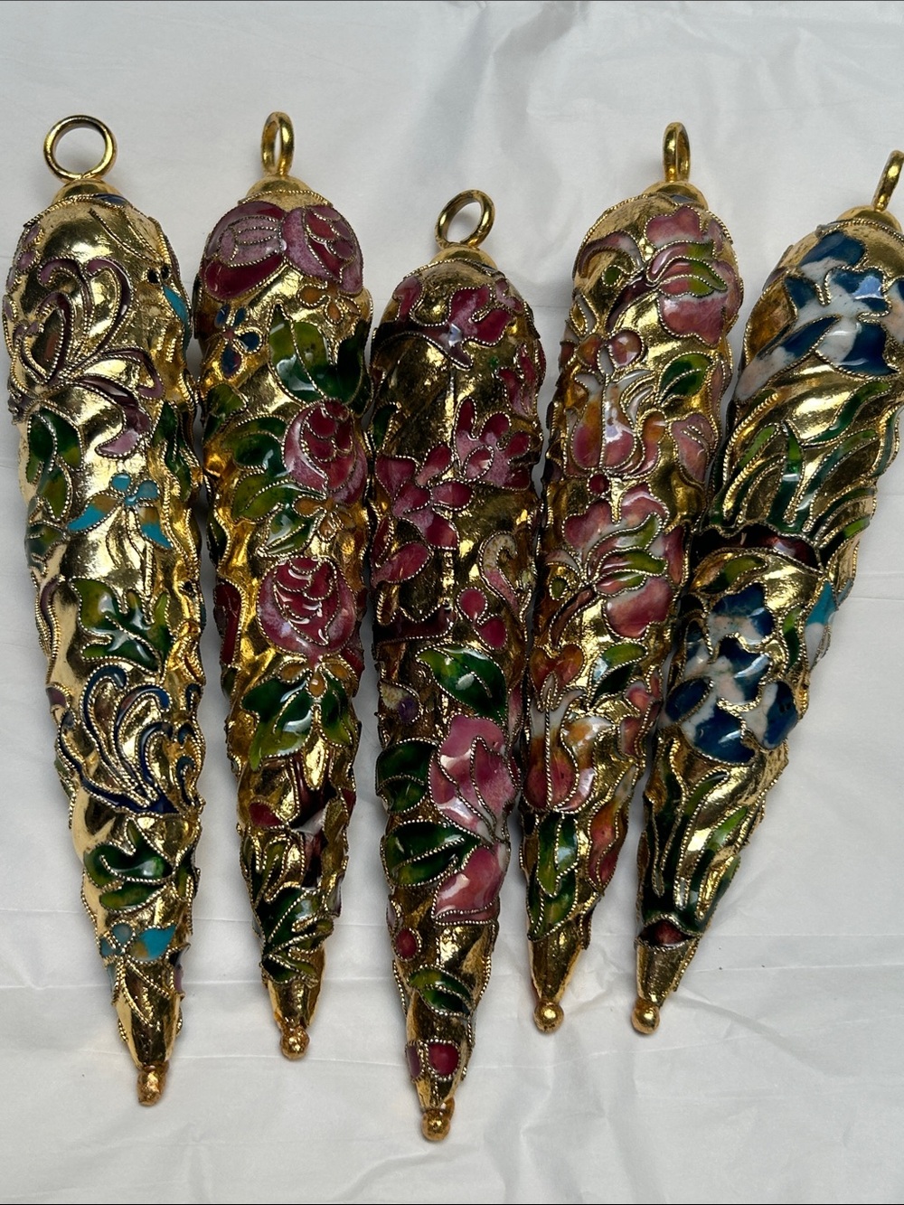 CLOISONNÉ VINTAGE LOT of 5 FLORAL LARGE 6”ICICLE CHRISTMAS ORNAMENTS ENAMELED